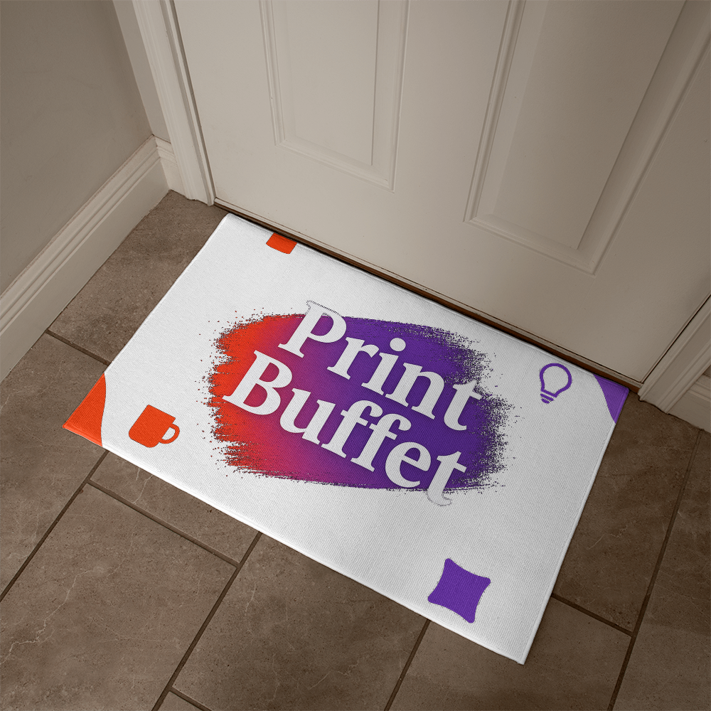 White door mat with colorful Print Buffet logo in purple and orange on tiled floor