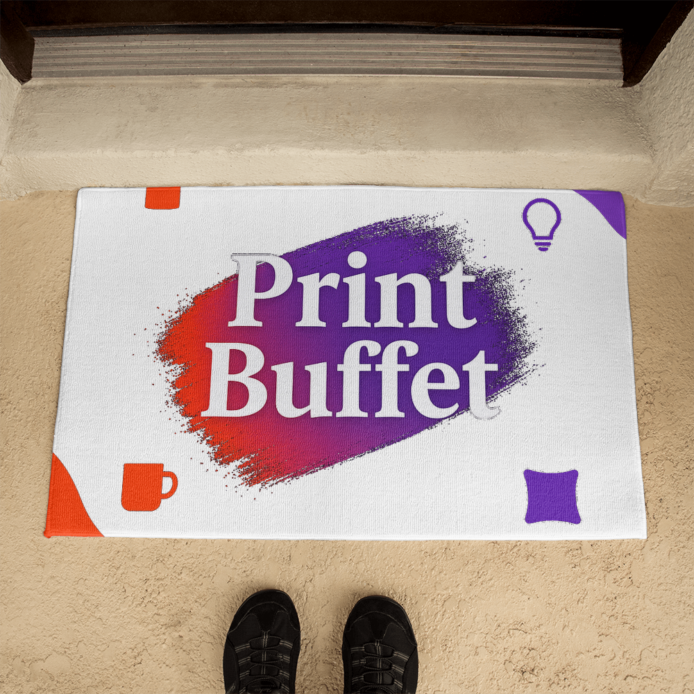 White door mat with colorful Print Buffet logo, purple and orange icons on beige porch floor