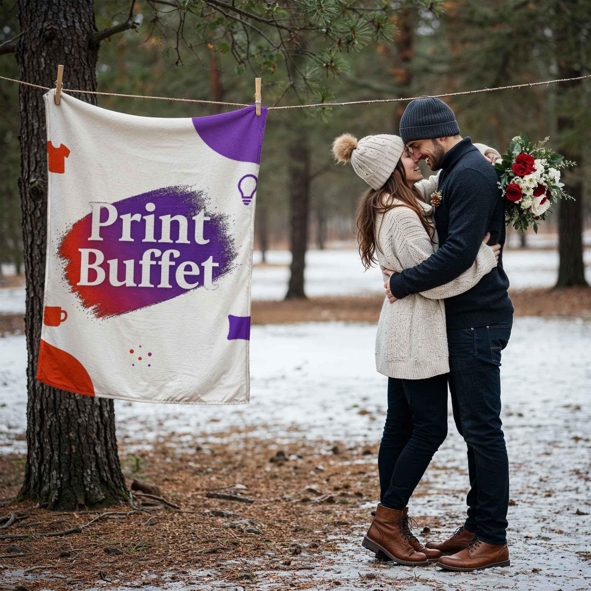 Couple in winter clothes embracing in snowy forest beside a hanging Print Buffet sign