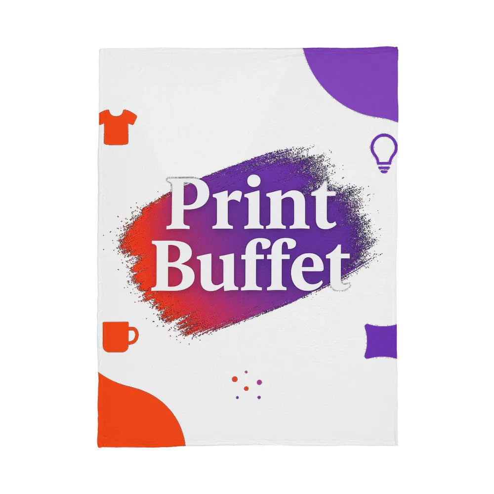 White fabric with colorful red and purple paint strokes and the text 'Print Buffet' along with icons of a shirt, cup, and lightbulb