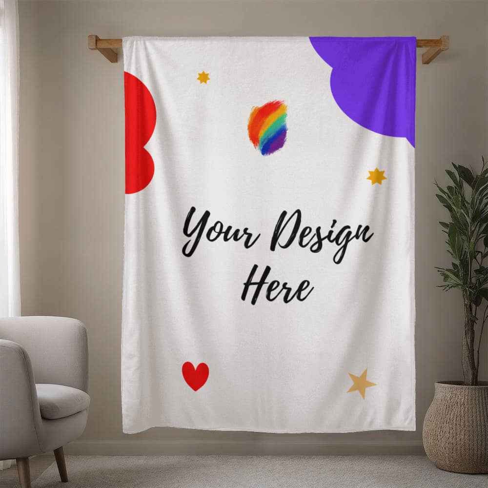 White hanging blanket with colorful abstract shapes and text Your Design Here in modern room