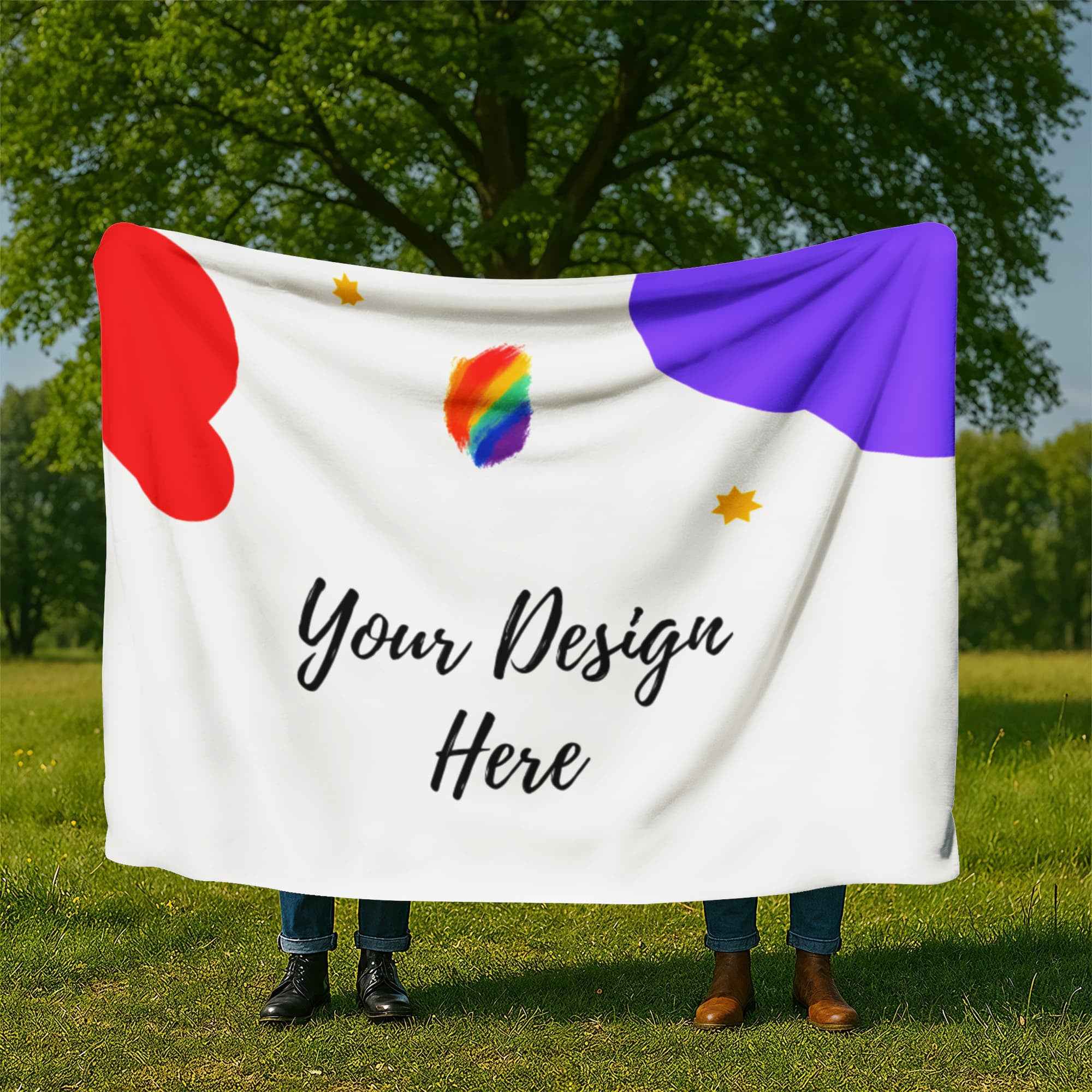 Two people holding custom white blanket with colorful shapes and text Your Design Here outdoors