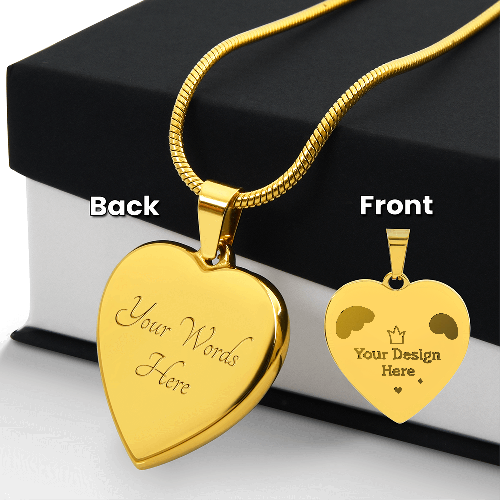 Gold heart-shaped pendant necklace with customizable engraving on front and back, displayed on black and white box