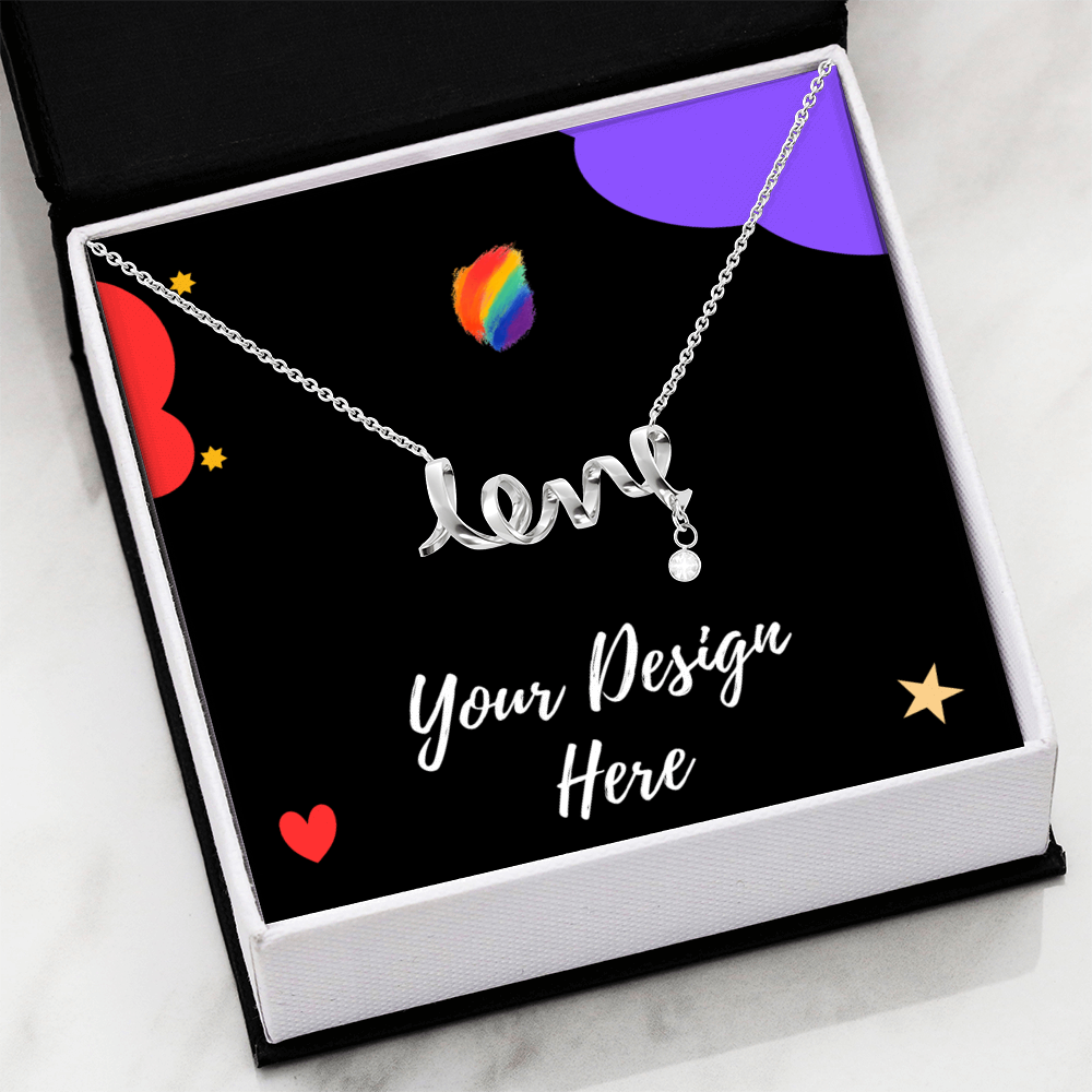 Silver custom name necklace with diamond pendant in black gift box with colorful design background