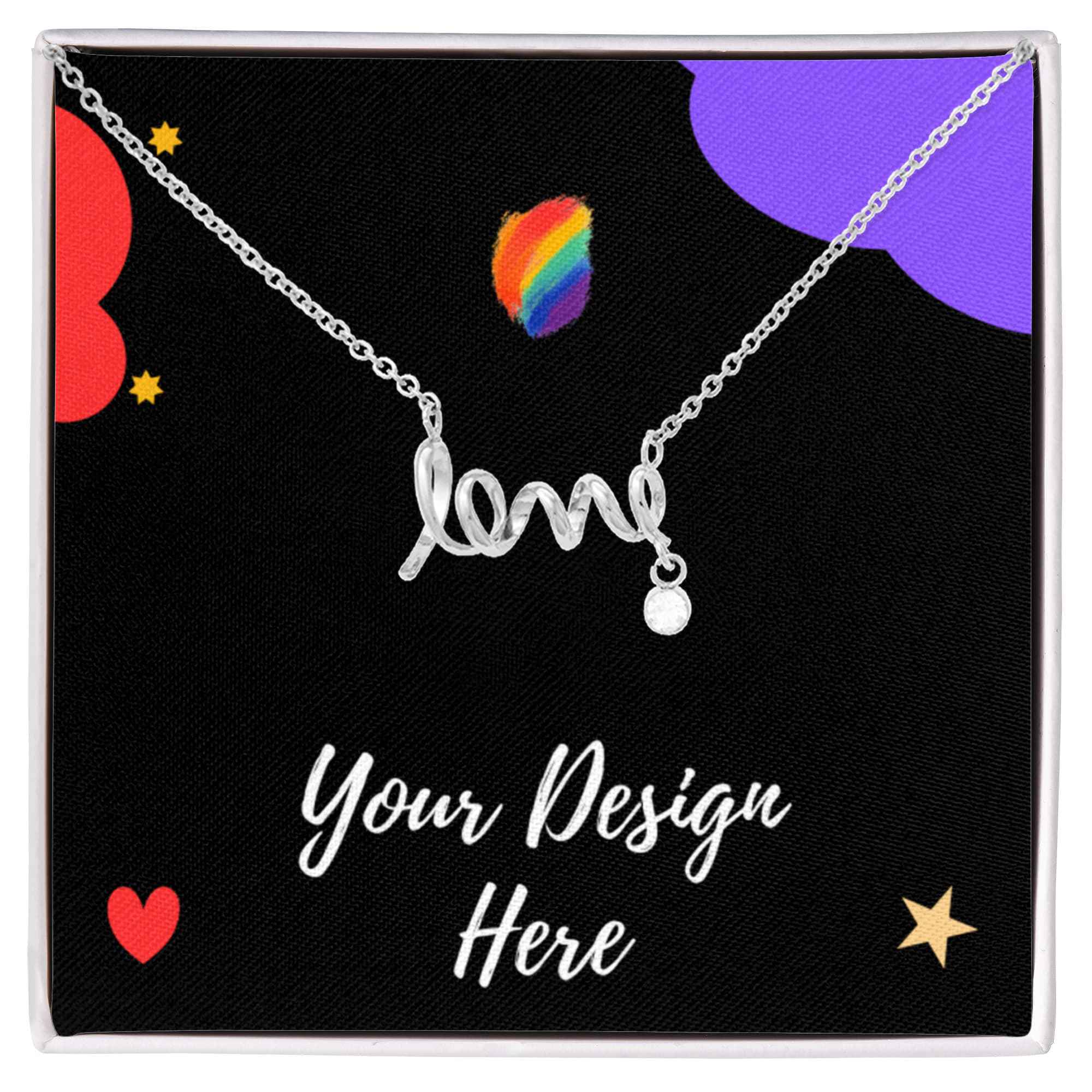 Silver love word necklace on black card with colorful design and text Your Design Here