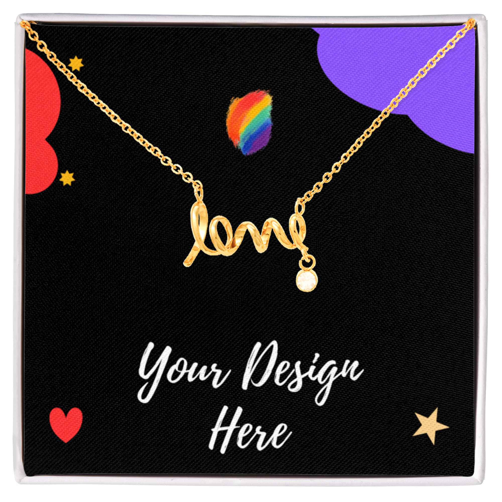 Gold necklace with 'love' script pendant and gem on black background with colorful hearts and text