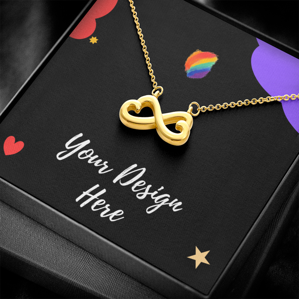 Gold infinity heart necklace on black card with colorful hearts and text Your Design Here