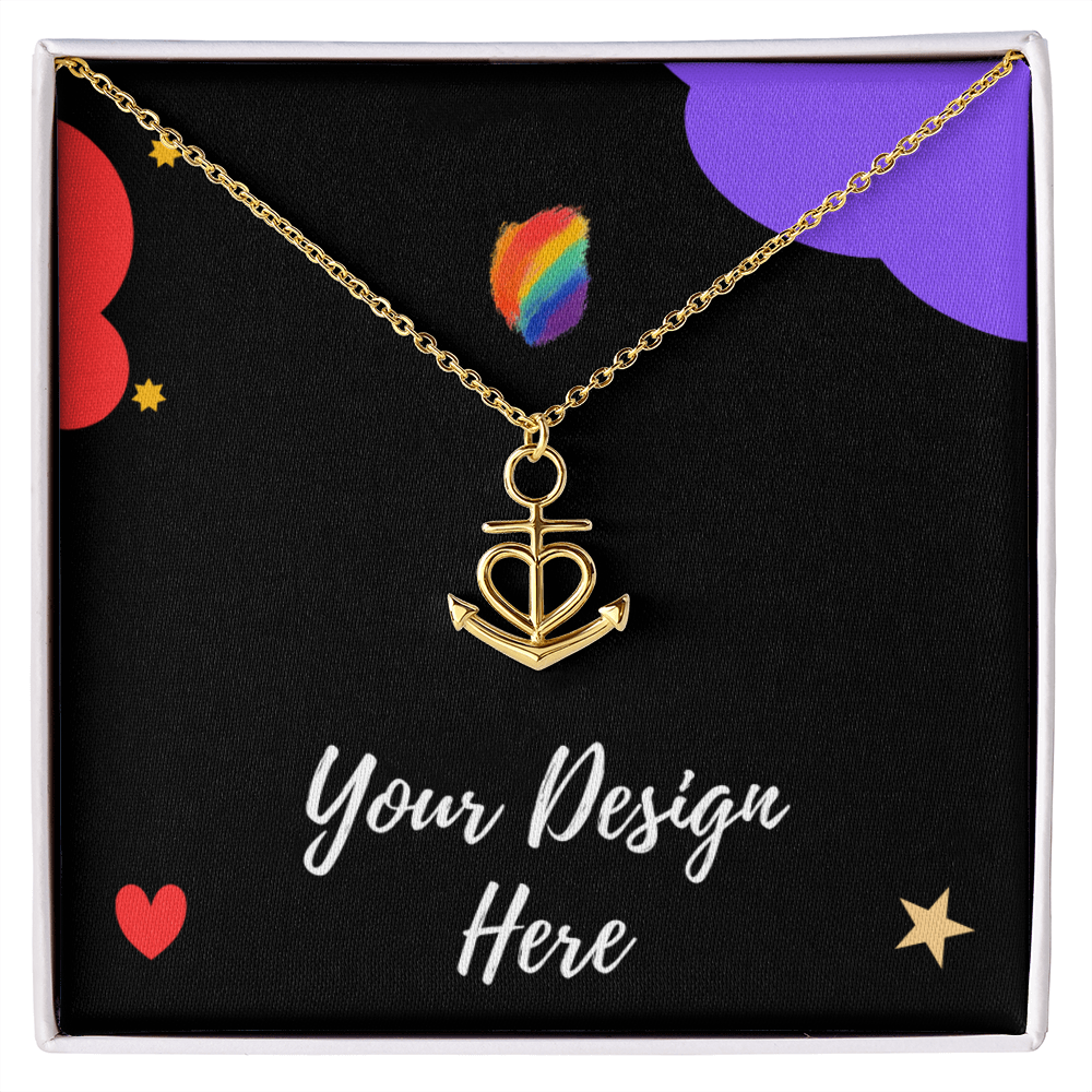 Gold anchor heart pendant necklace displayed on black fabric with colorful abstract shapes and 'Your Design Here' text