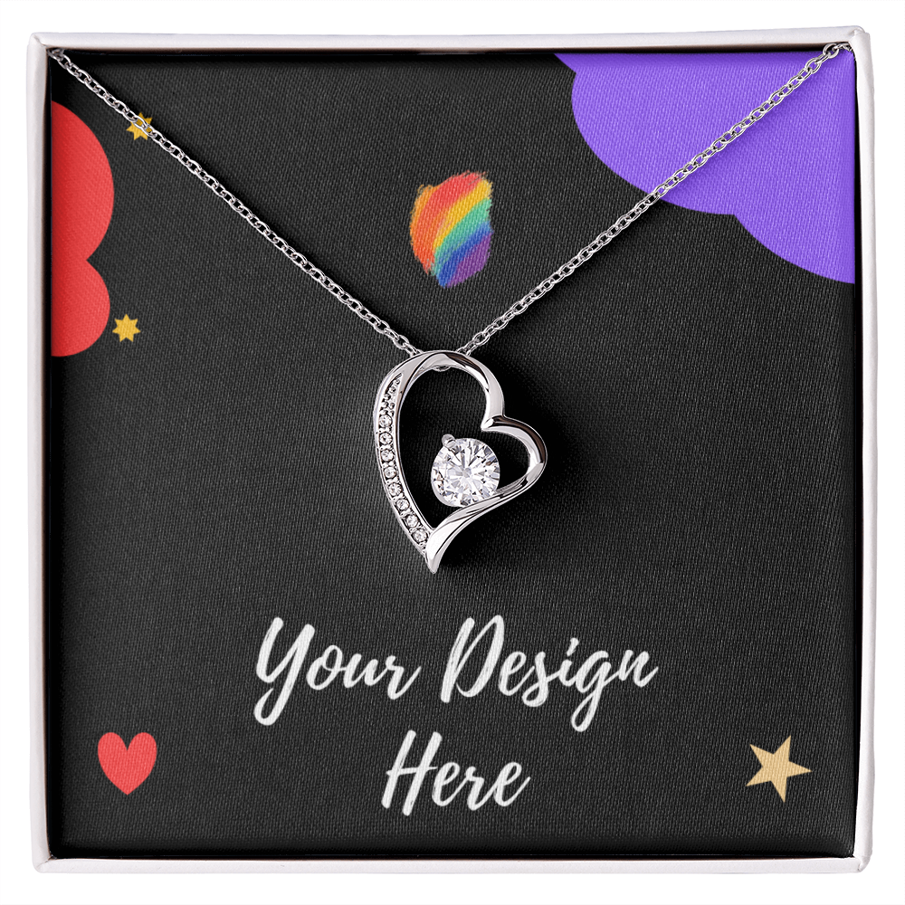 silver heart-shaped pendant necklace with crystal on black box featuring colorful hearts and stars