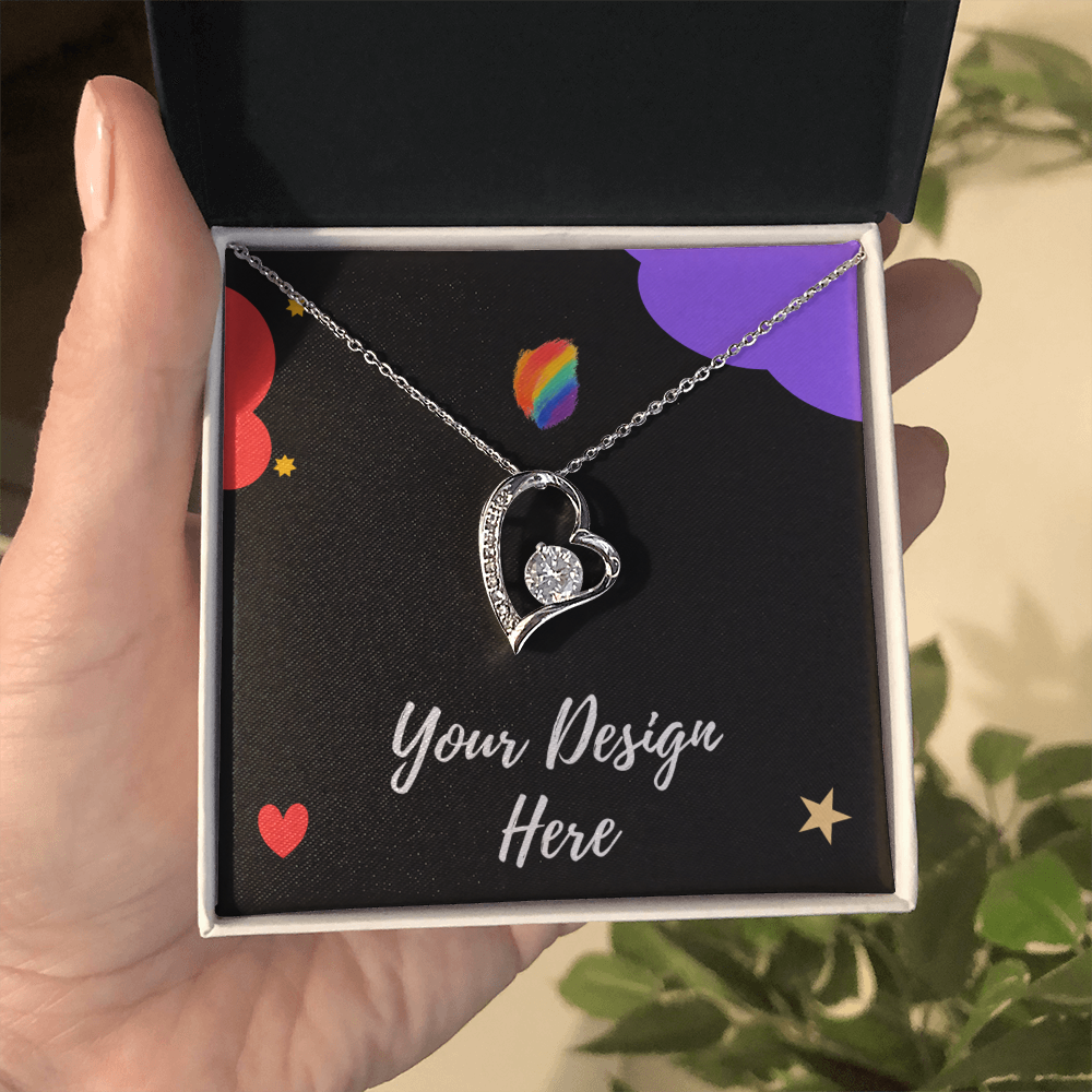 Hand holding gift box with heart-shaped silver necklace and diamond on customizable design card