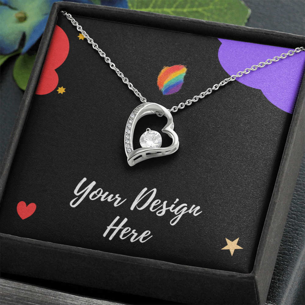 Silver heart pendant necklace with clear stones in black gift box with colorful decorations