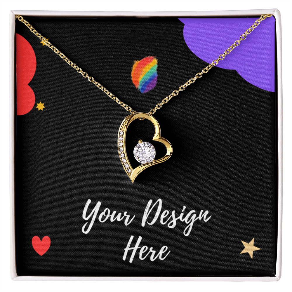 Gold heart pendant necklace with central diamond and smaller gems on black gift box with colorful stars
