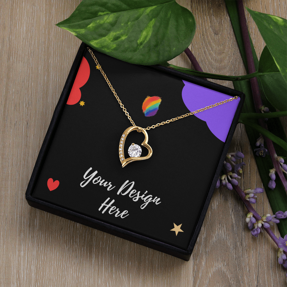 Gold heart-shaped pendant necklace with diamond in black gift box and decorative leaves