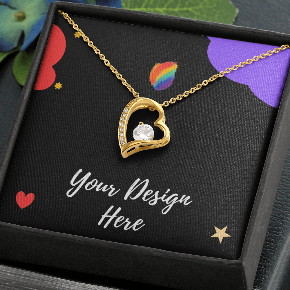 Gold heart-shaped pendant necklace with small diamonds and central crystal in black gift box