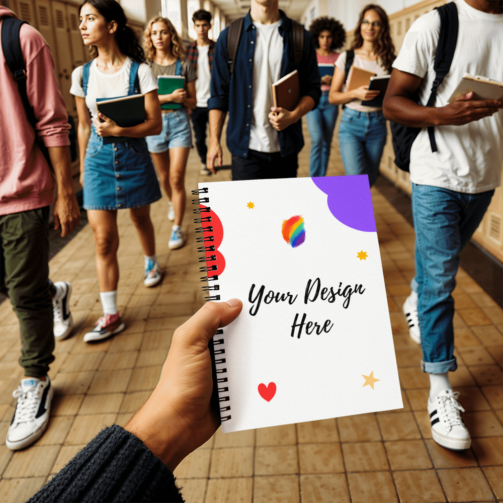 Hand holding spiral notebook with custom design text in busy school hallway with students walking