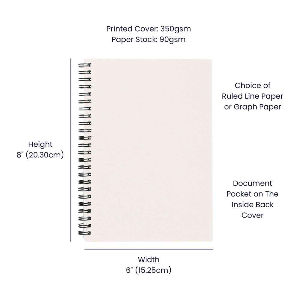 White spiral notebook 8x6 inches with 350gsm printed cover, ruled or graph paper, document pocket