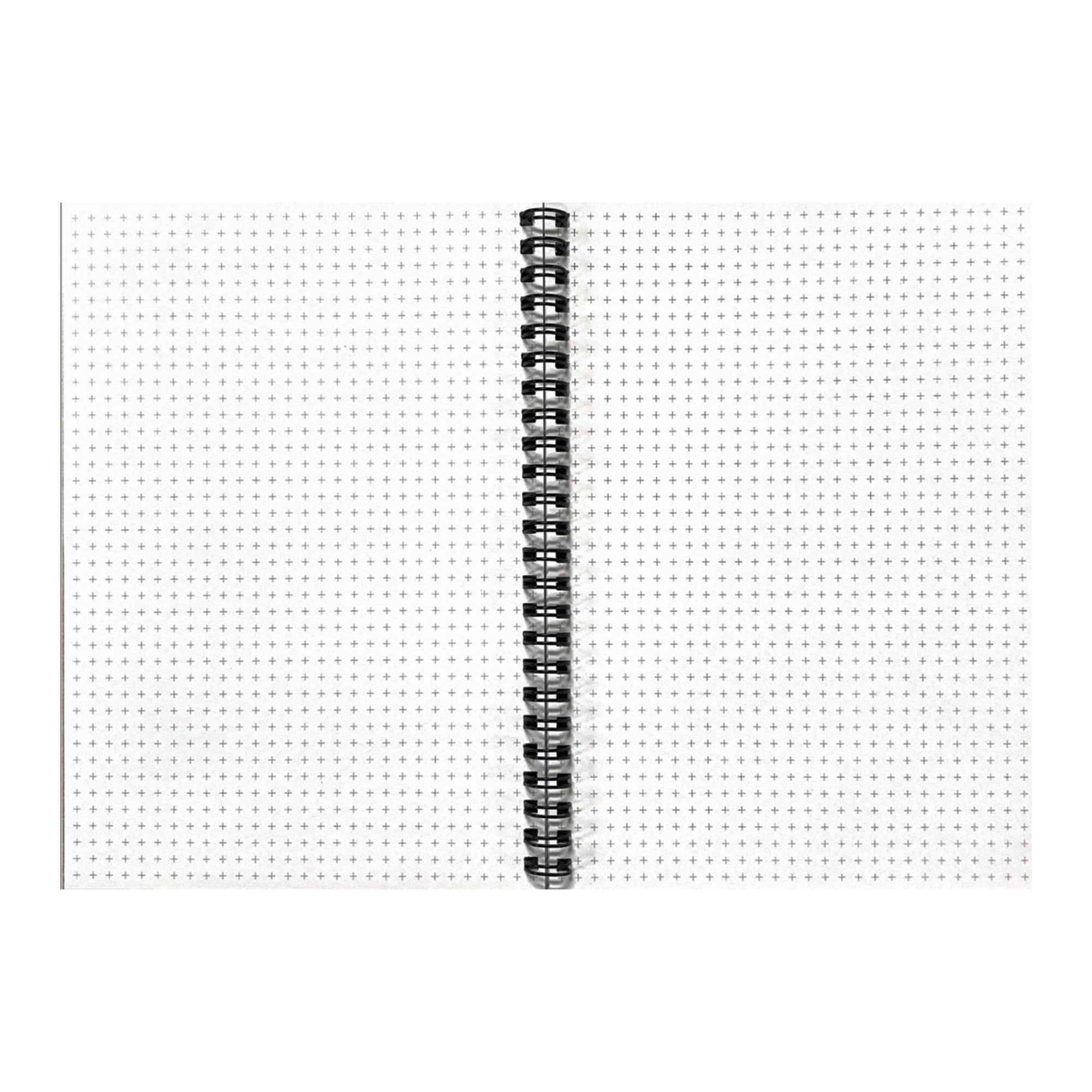 Open spiral notebook with dotted grid pages on white background