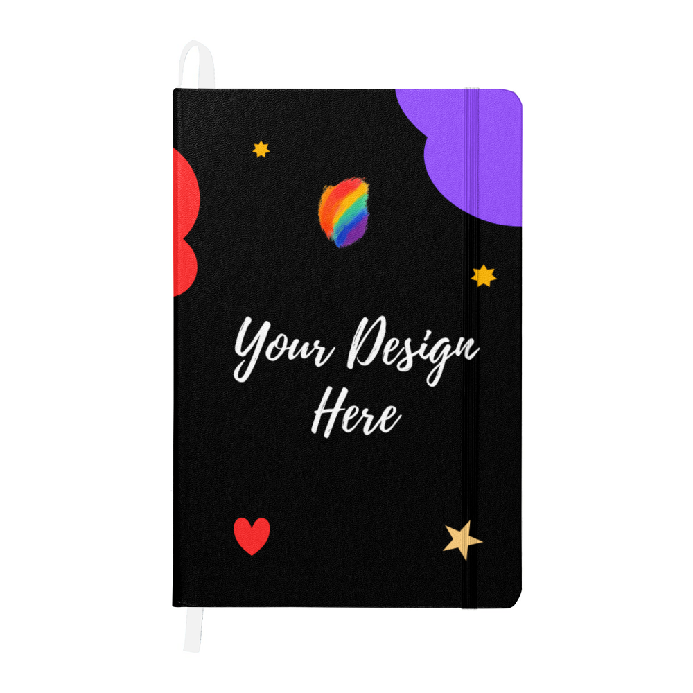 Black notebook with white text Your Design Here, rainbow splash, red heart, yellow stars, and purple-red shapes