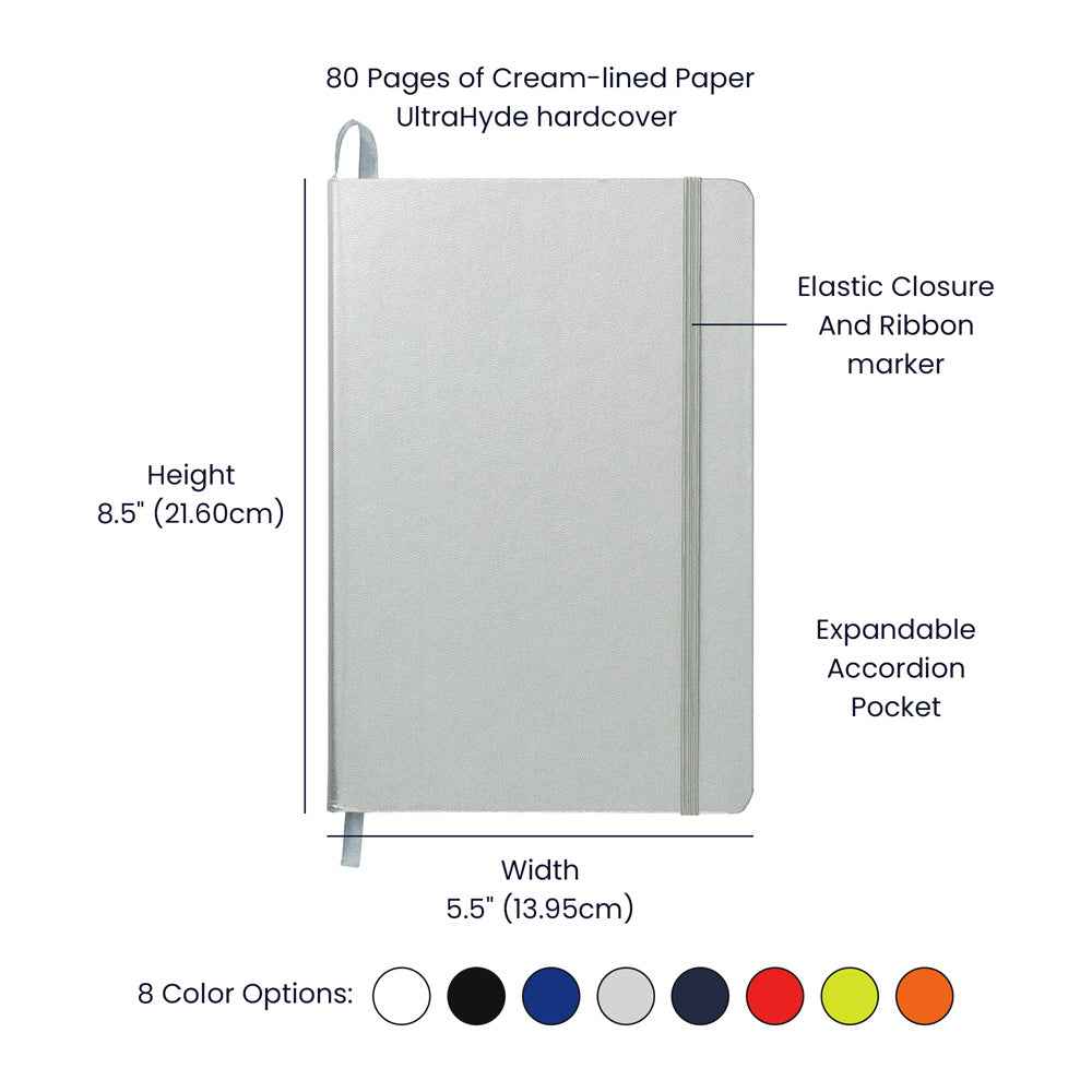 Hardcover notebook with elastic closure, ribbon marker, 80 cream-lined pages, expandable pocket