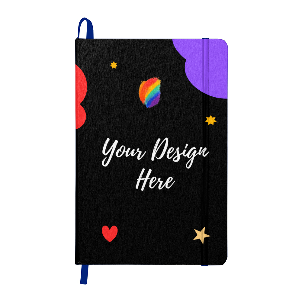 Black notebook with colorful stars, heart, rainbow brushstroke, and text Your Design Here