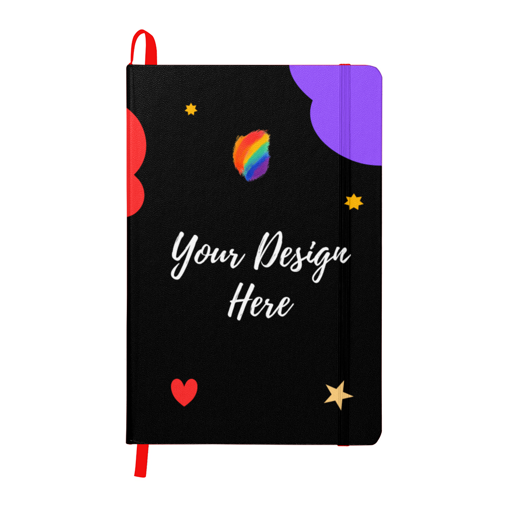 Black notebook with red and purple cloud designs, rainbow brushstroke, stars, heart, and text Your Design Here