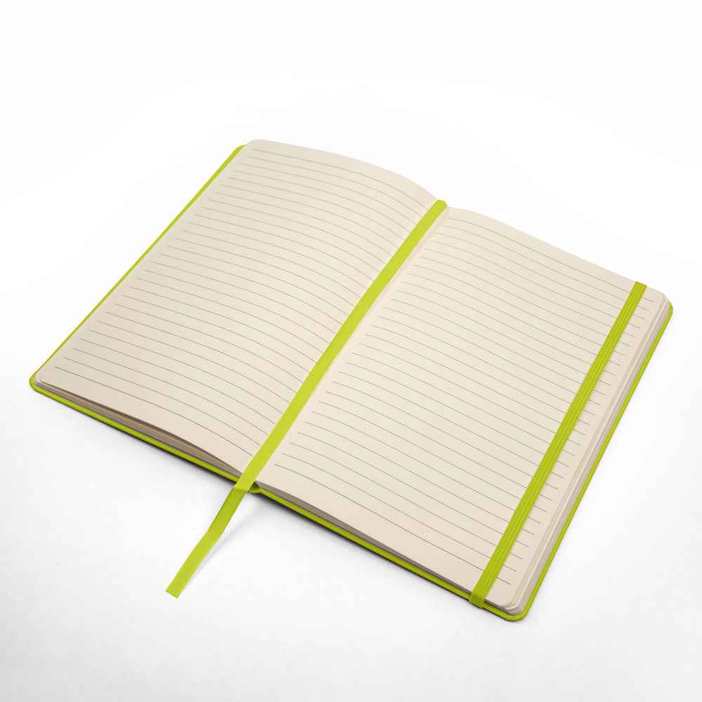 Open lined notebook with yellow edge, matching bookmark, and elastic band on white background