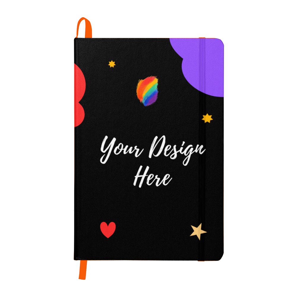 Black notebook with colorful abstract shapes, stars, heart, and rainbow logo, text Your Design Here
