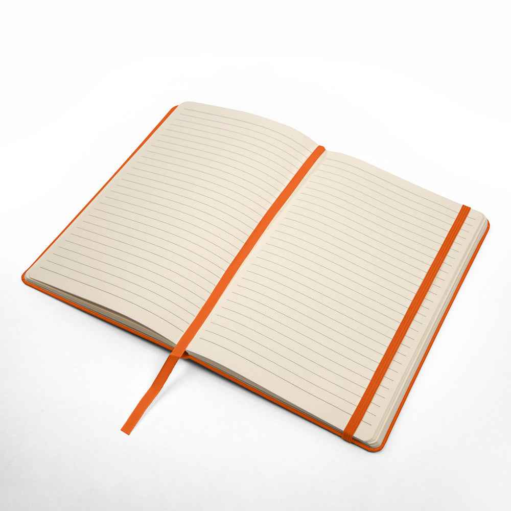 Open notebook with lined cream pages, orange cover, elastic band, and ribbon bookmark on white background