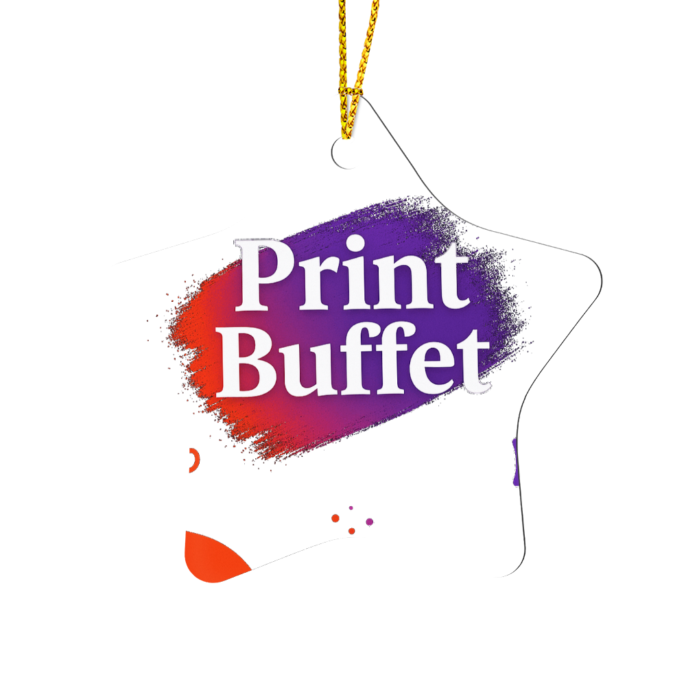 Star-shaped hanging tag with colorful red and purple print and text Print Buffet