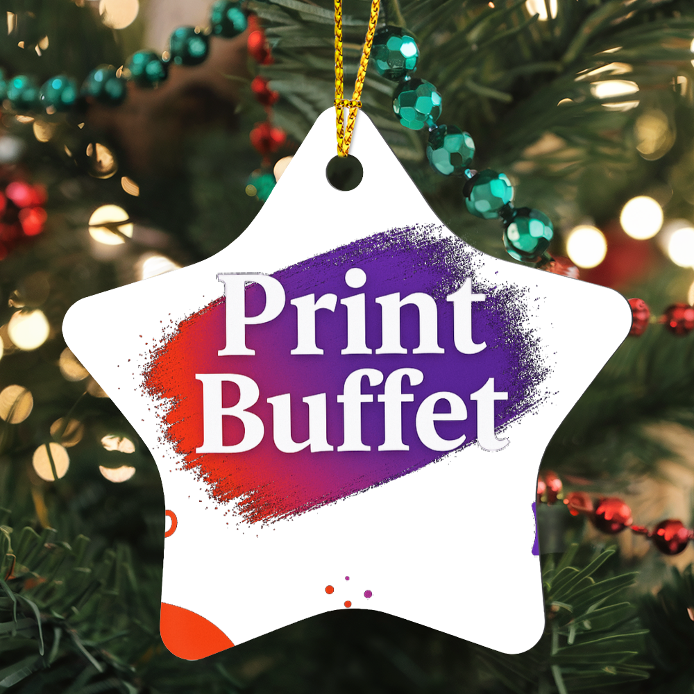 Star-shaped Christmas tree ornament with Print Buffet logo hanging on decorated tree