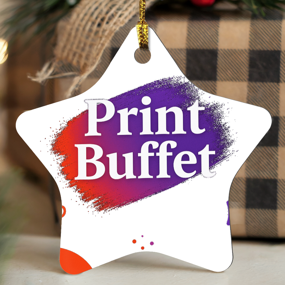 Star-shaped Christmas ornament with Print Buffet logo in purple and orange paint strokes hanging on a festive background
