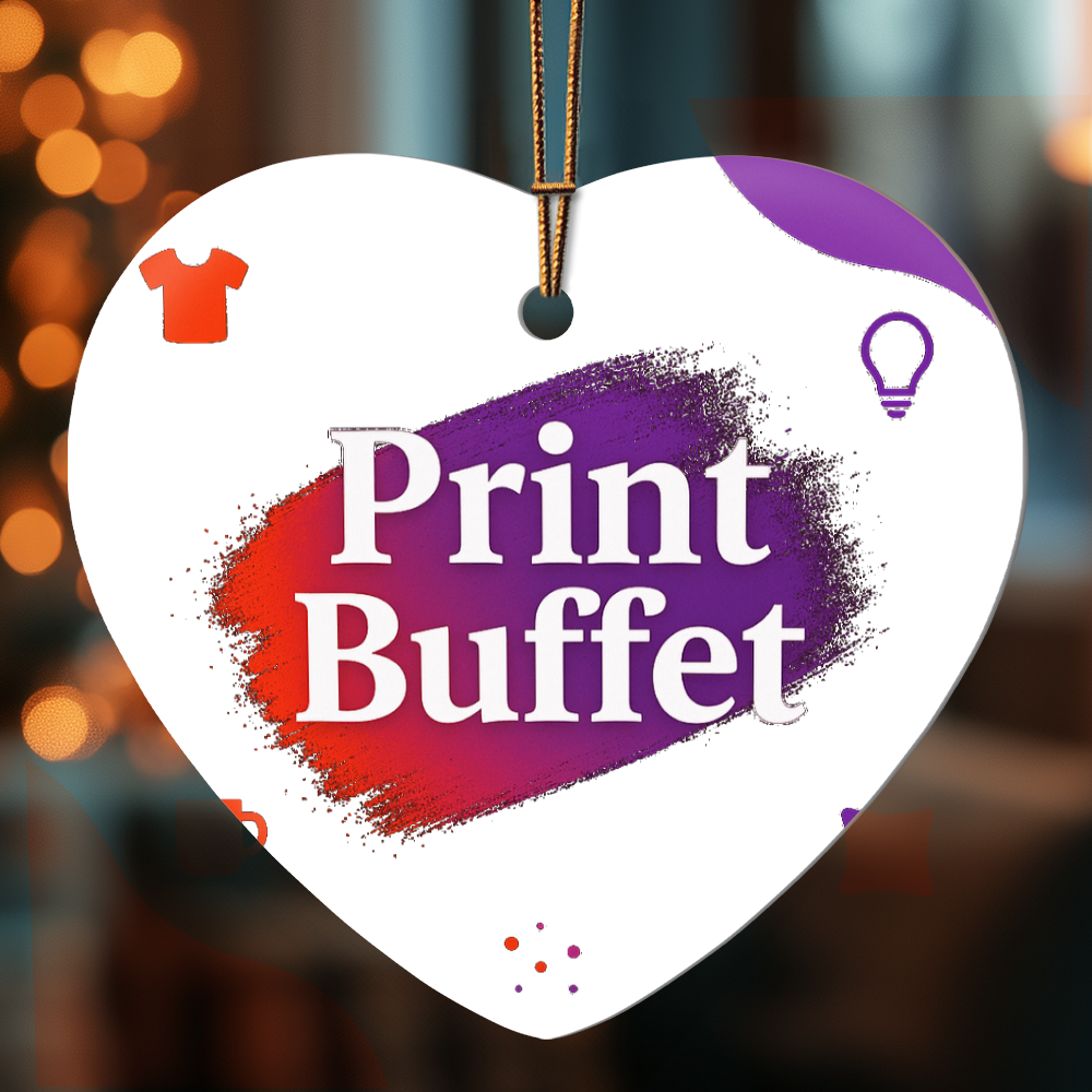 Heart-shaped print tag with colorful brush stroke and Print Buffet text for custom printing