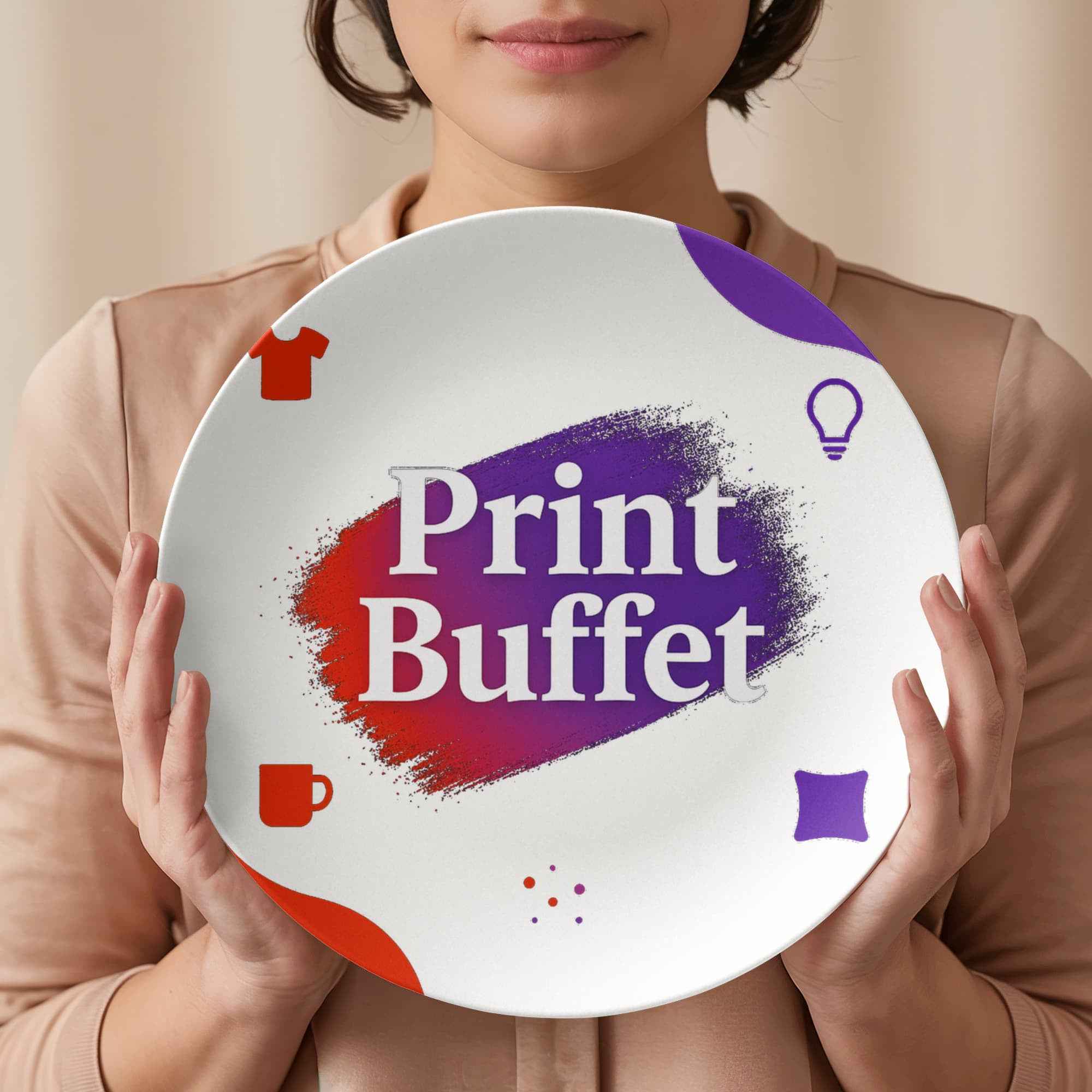 Person holding round plate with colorful Print Buffet logo and minimal icons on white background
