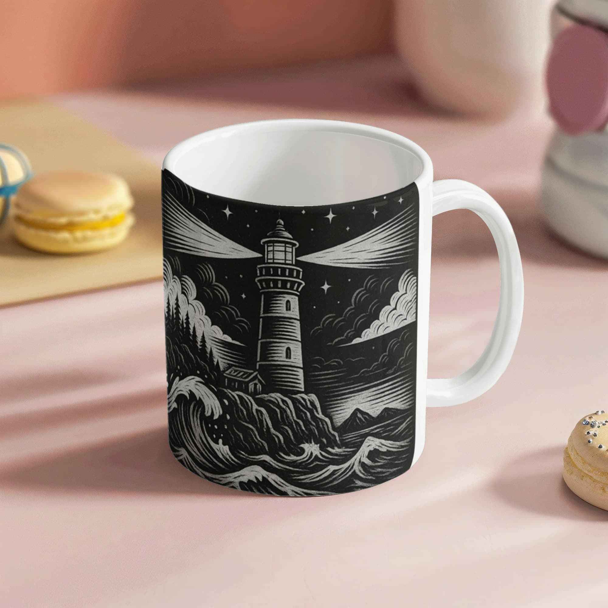 White ceramic mug with black lighthouse illustration showing waves, stars, and clouds