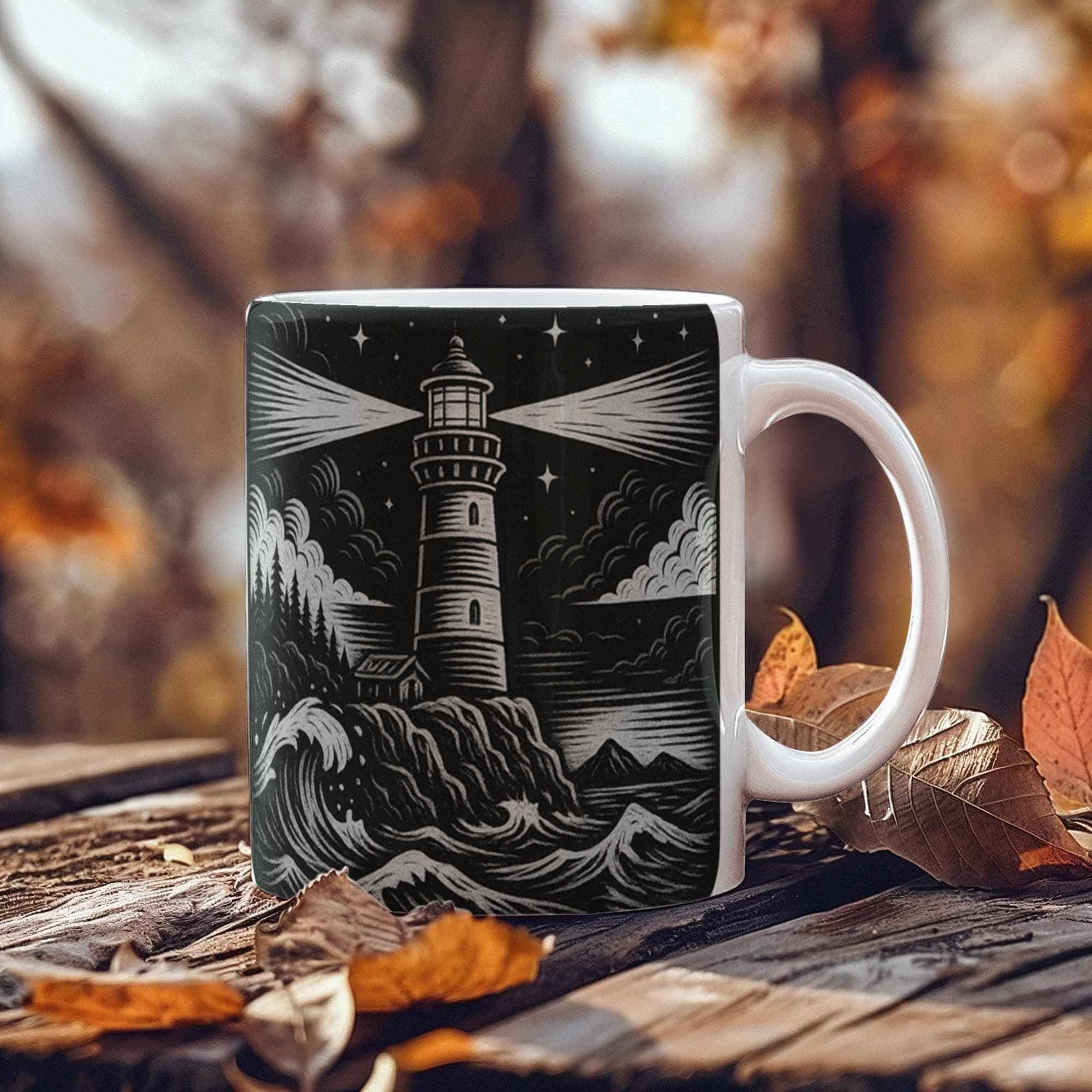 White mug with black lighthouse illustration and ocean waves on wooden surface with autumn leaves