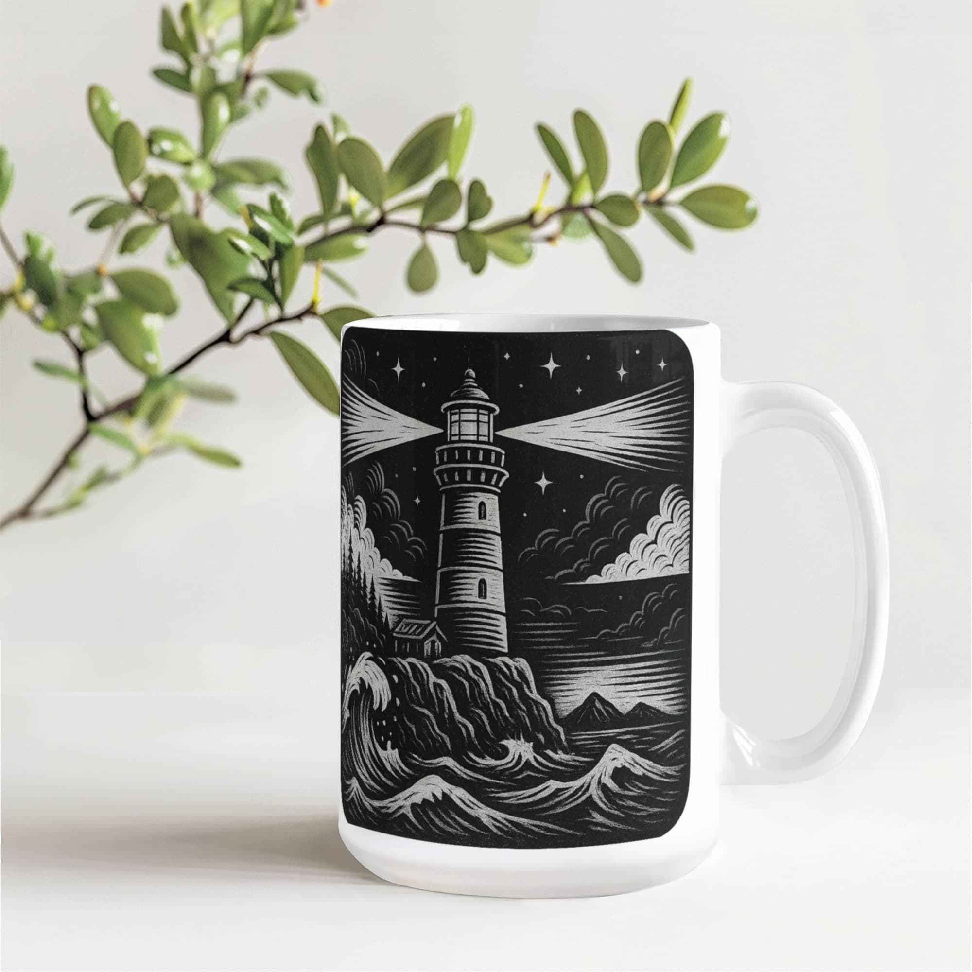 White ceramic mug with black and white lighthouse, ocean waves, and night sky design
