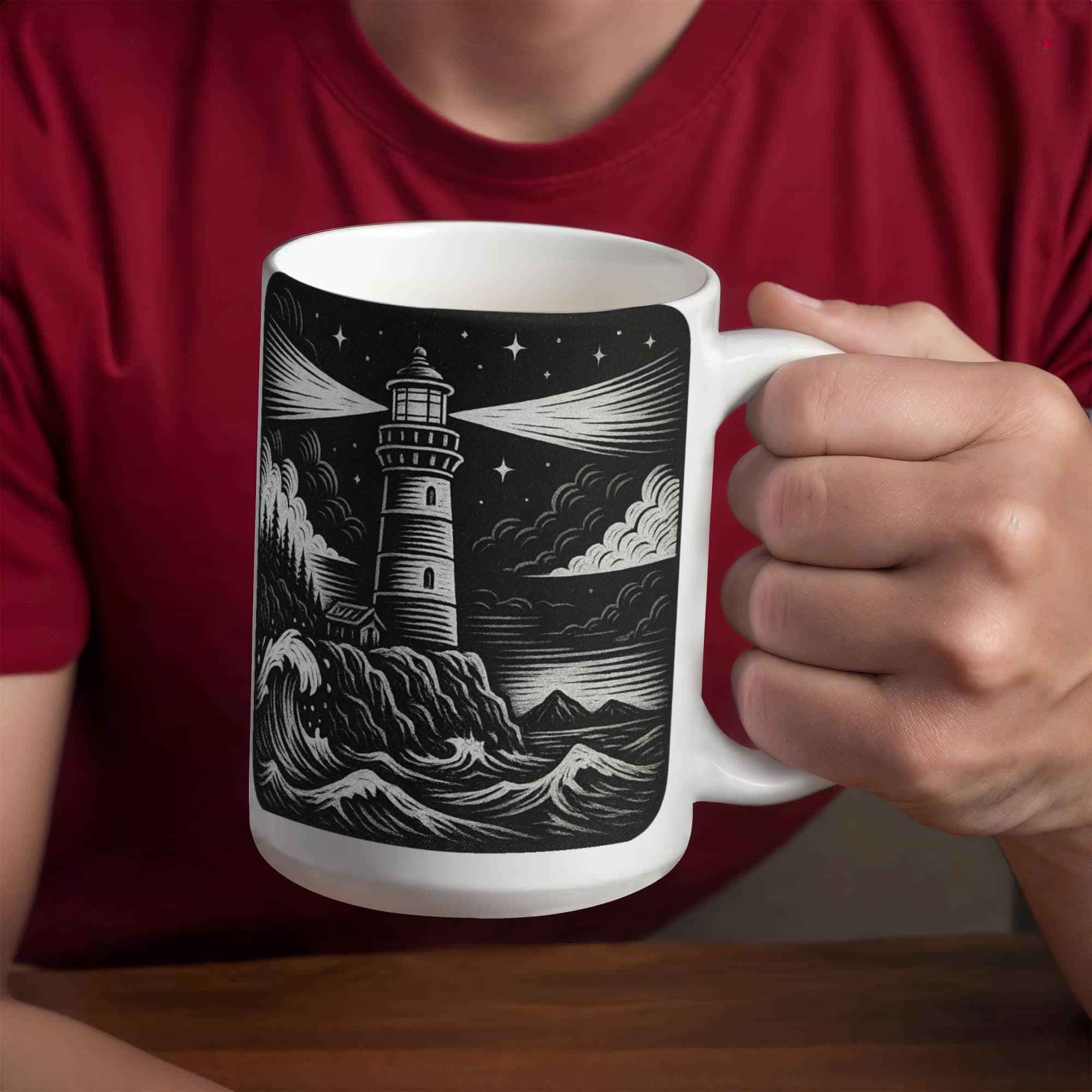Hand holding white mug with black and white lighthouse and ocean waves illustration