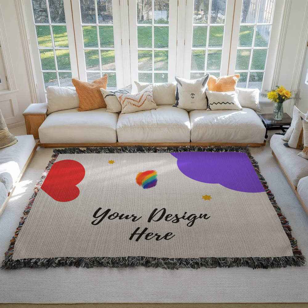 Bright living room with white sofas, colorful pillows, and a custom beige rug with hearts and text design