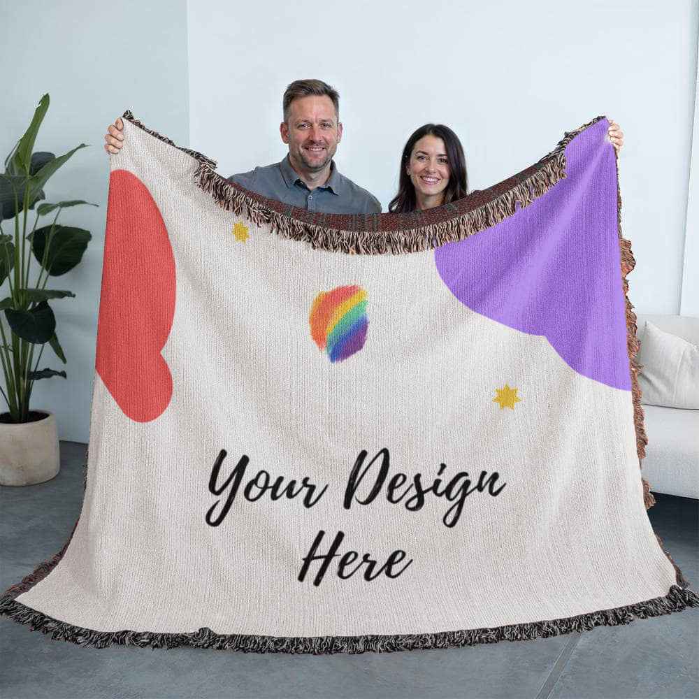 Smiling man and woman holding custom woven throw blanket with colorful abstract shapes and 'Your Design Here' text