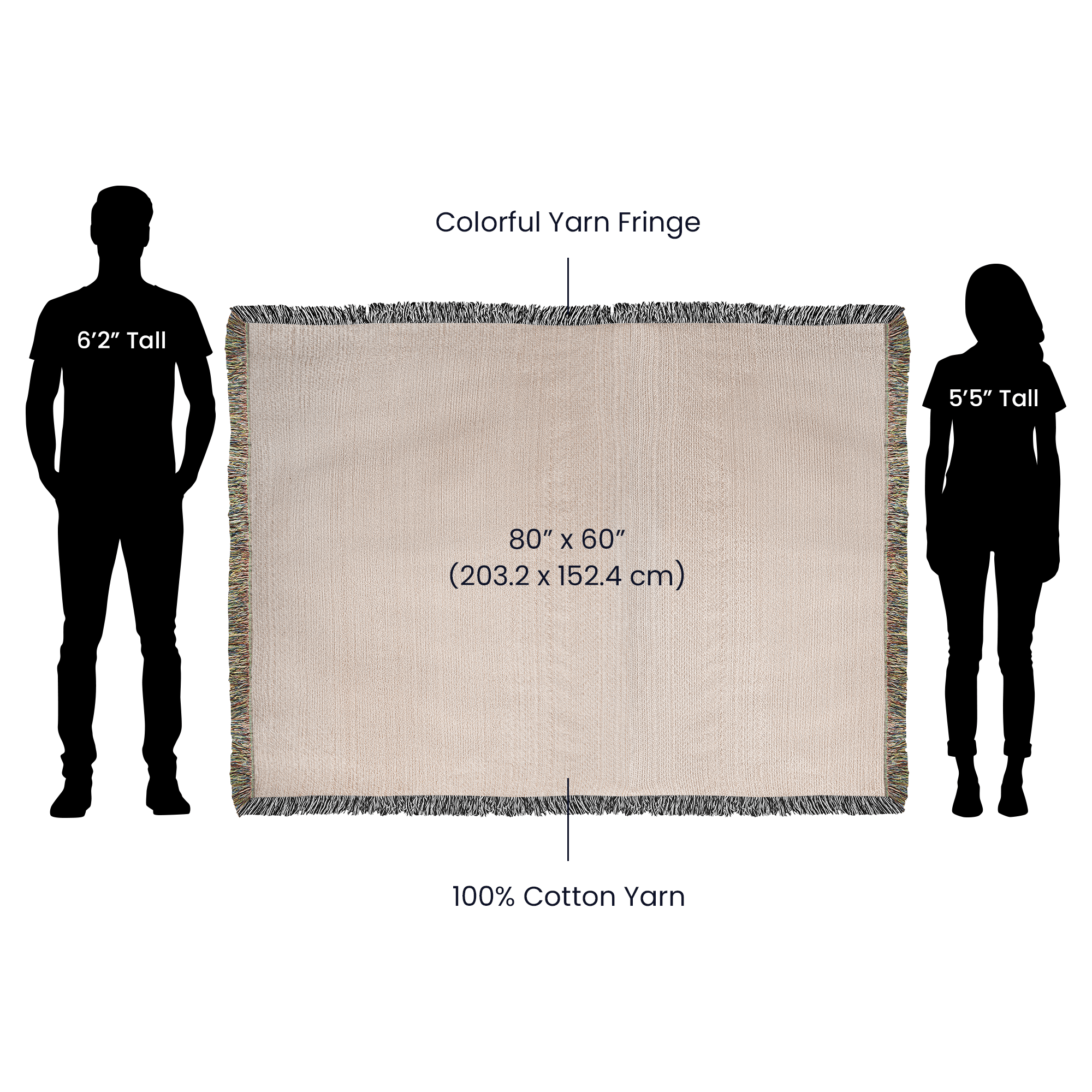 Beige 80x60 inch 100% cotton yarn blanket with colorful yarn fringe, size compared to 6'2" man and 5'5" woman silhouettes