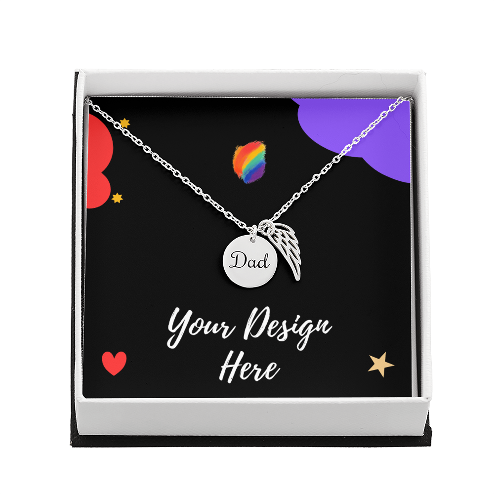 Silver necklace with Dad pendant and angel wing charm in gift box with colorful design