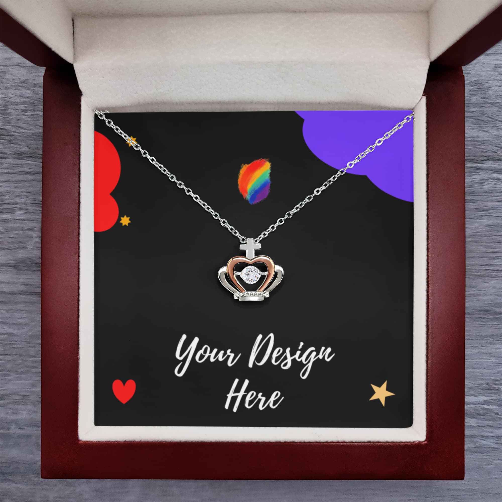 Silver and rose gold crown pendant necklace with a diamond in a red velvet jewelry box