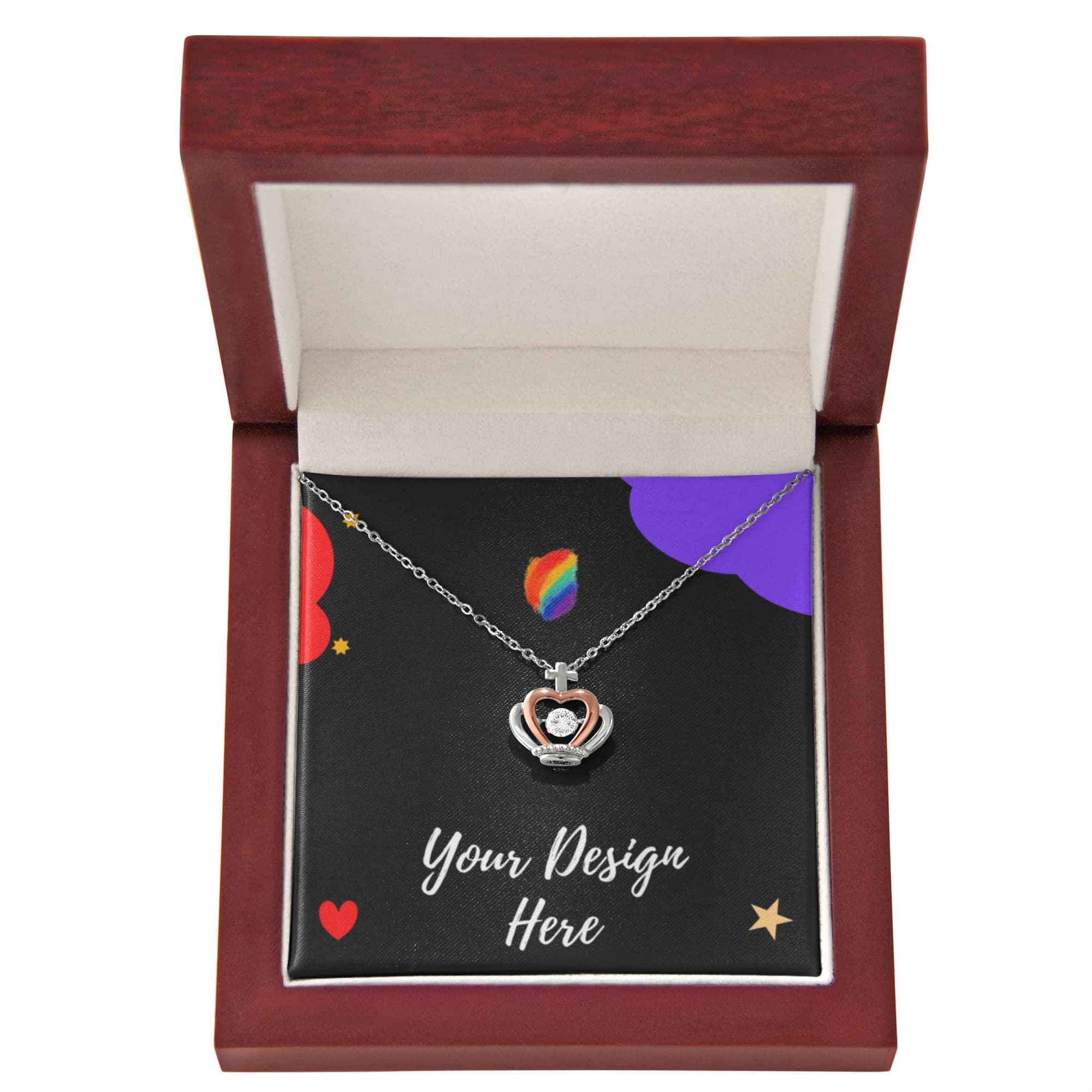 Silver and rose gold crown pendant necklace in wooden jewelry box with black card