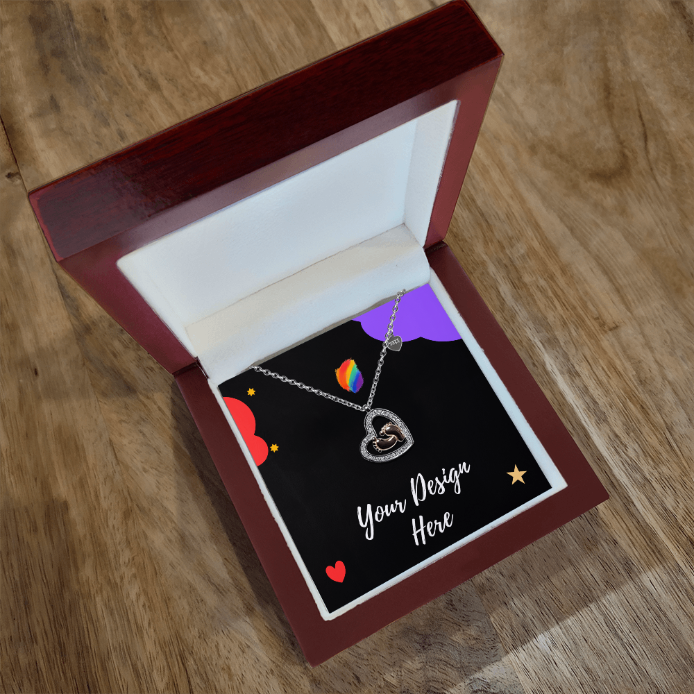 Silver heart-shaped pendant necklace in open wooden jewelry box with colorful design background