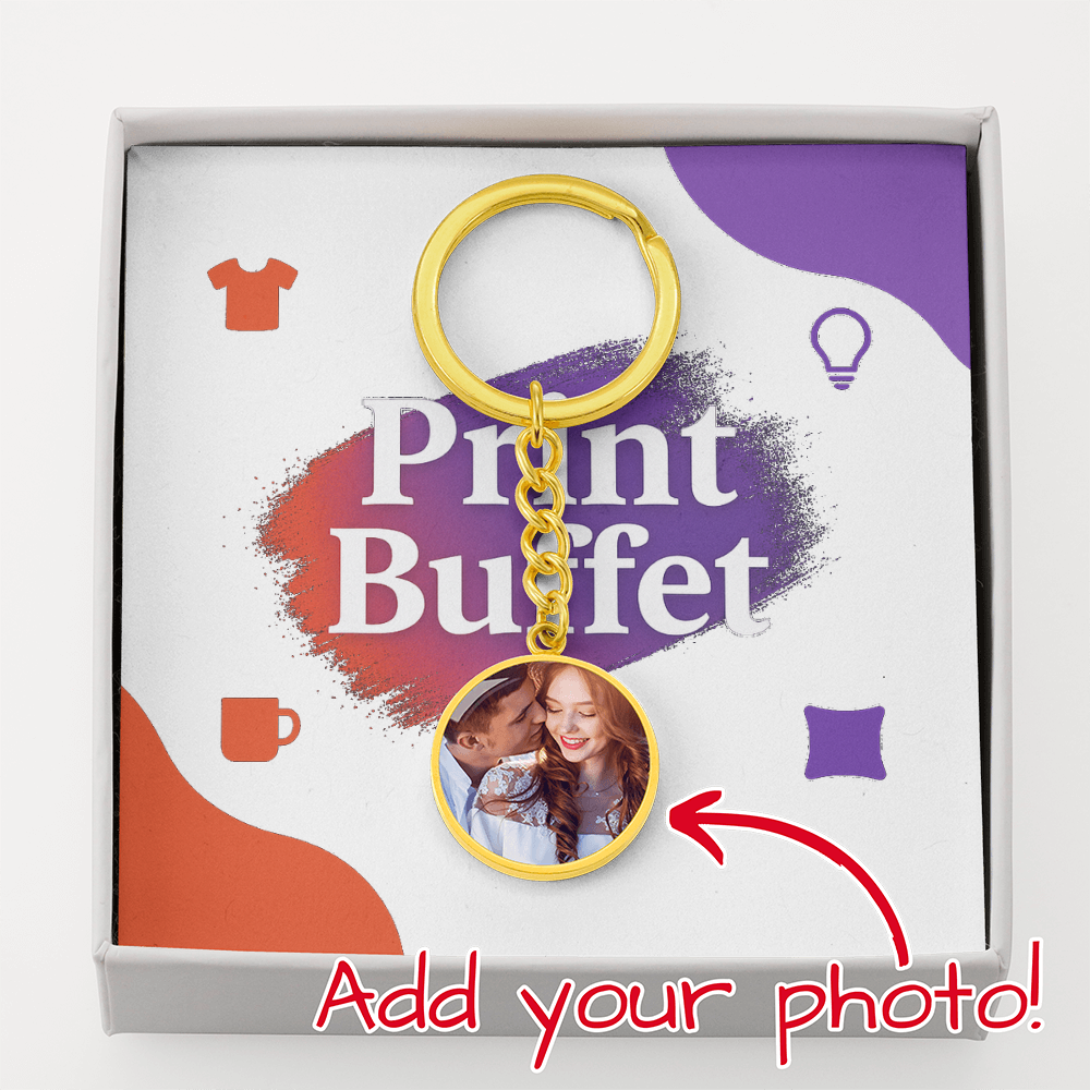 Custom gold photo keychain with couple image on white Print Buffet box with colorful icons