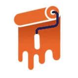 Orange paint roller creating dripping paint effect on white background logo
